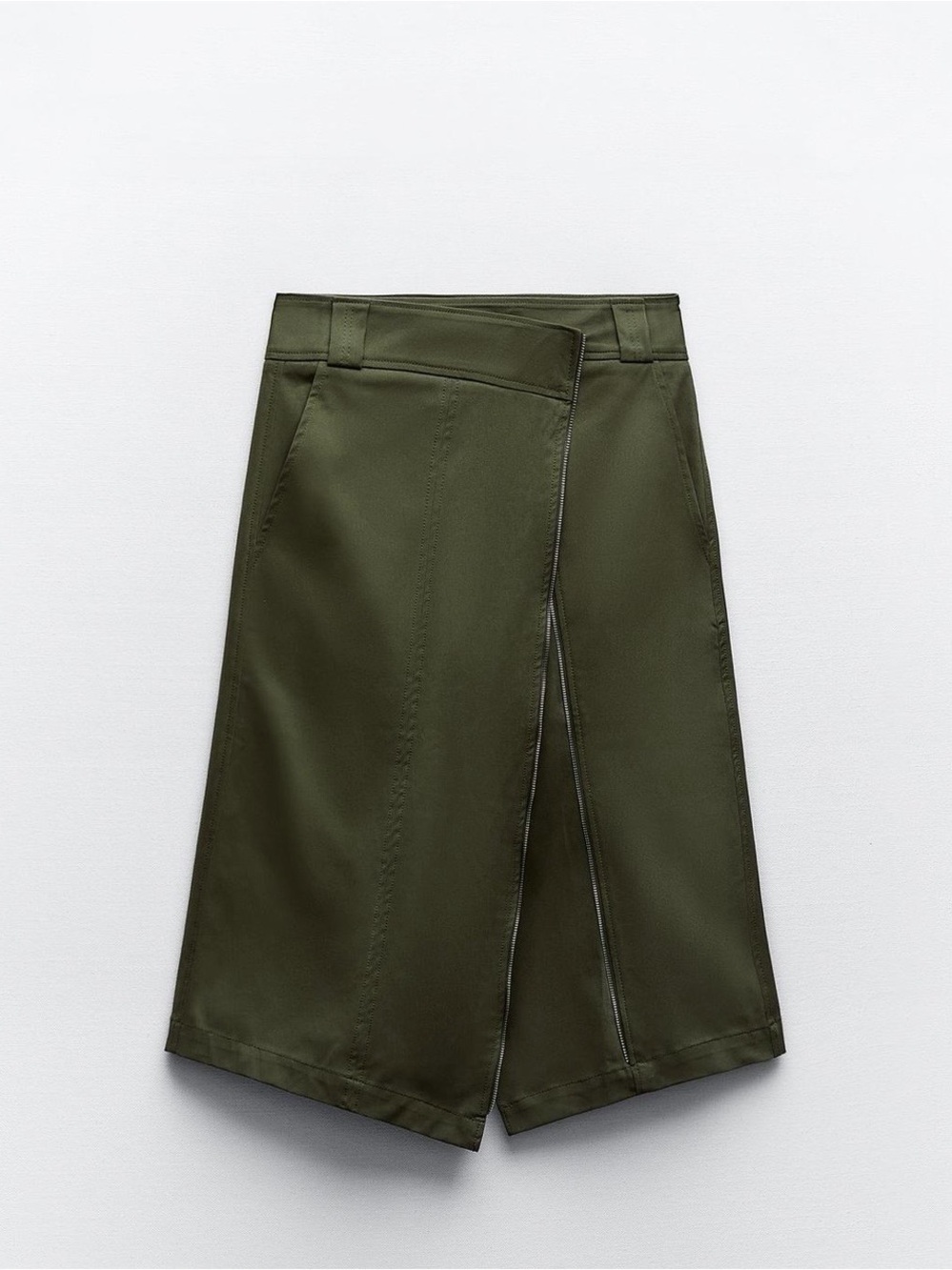 Zara Asymmetrical zipper long zipper skirt in Olive Green.